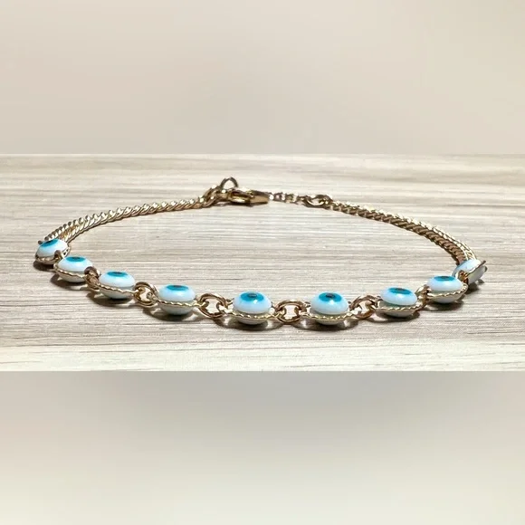 Designer ALDO Gold Tone Blue Evil Eye Protection Bracelet, 7.5” To 8” - Picture 3 of 5